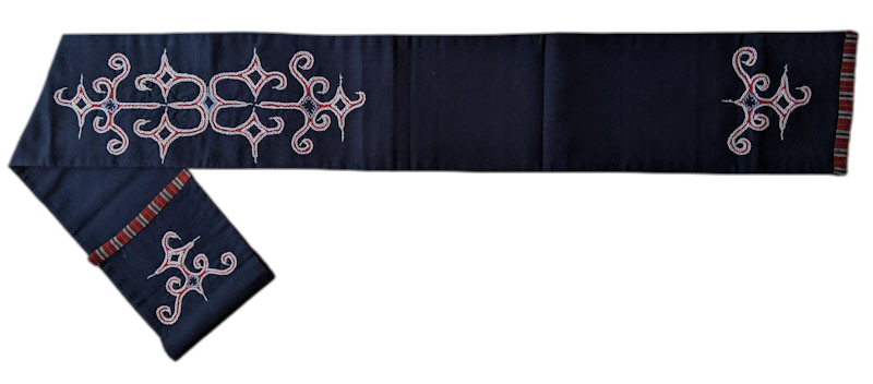 matanpusi or headband with Aizu cotton, 241003oka, 12(4.7) x 108(42)cm, white and red threads in navy-blue fabric