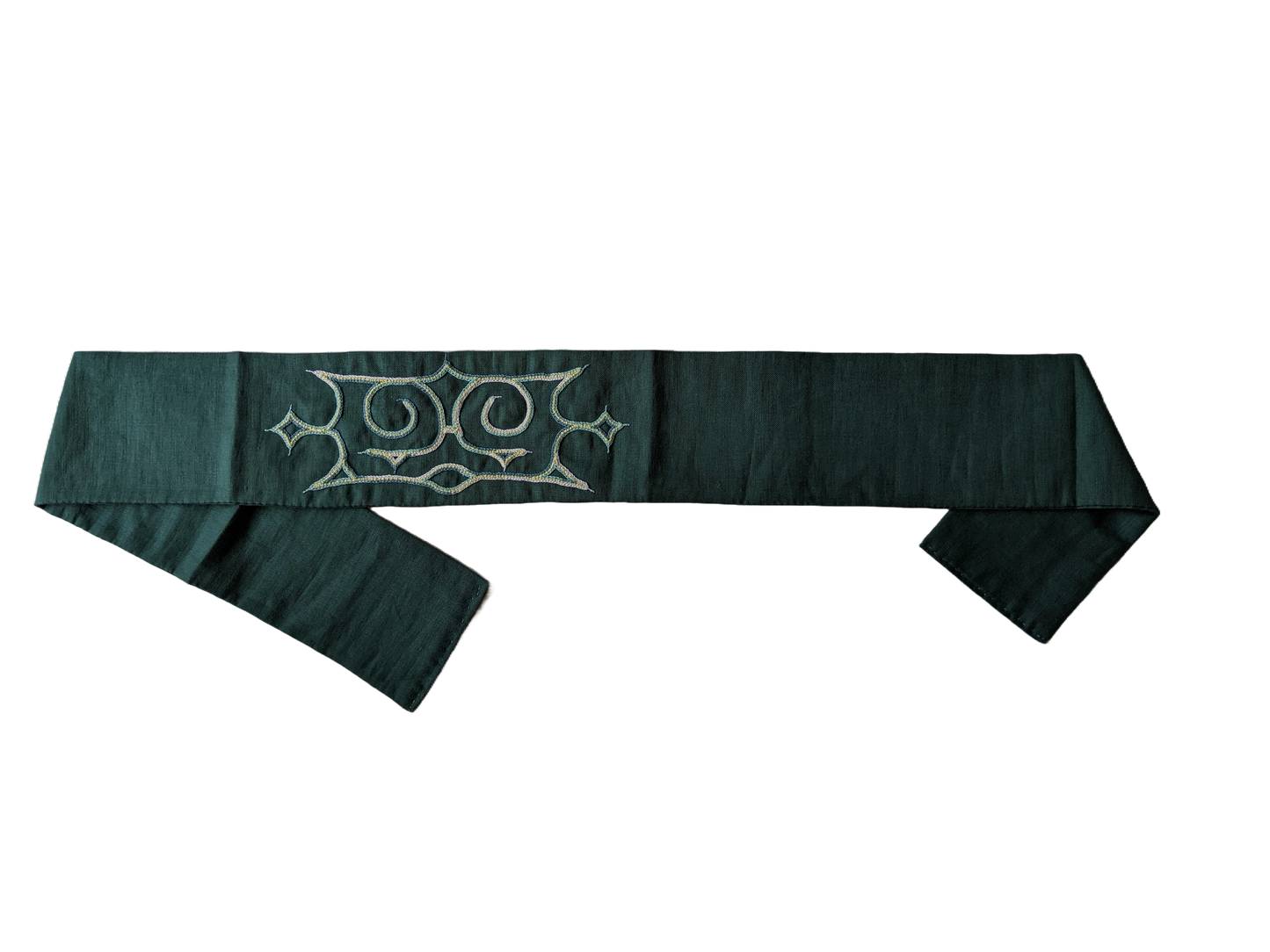 matanpusi or headband by hempen 241006oka, grey and yellow threads in green linen, 10.5(4) x 123(48)cm